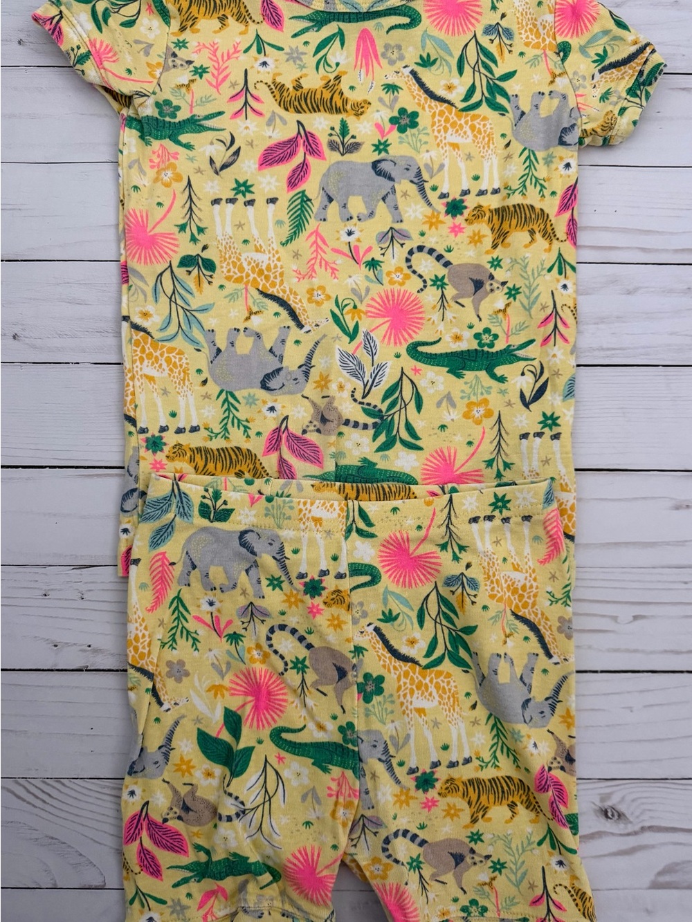 GAP Yellow Safari Animal Print Kids Pajama Set with Pink & Green Accents